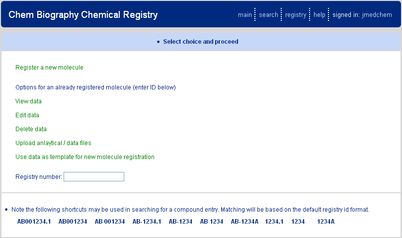 Chemical Registry Front Page